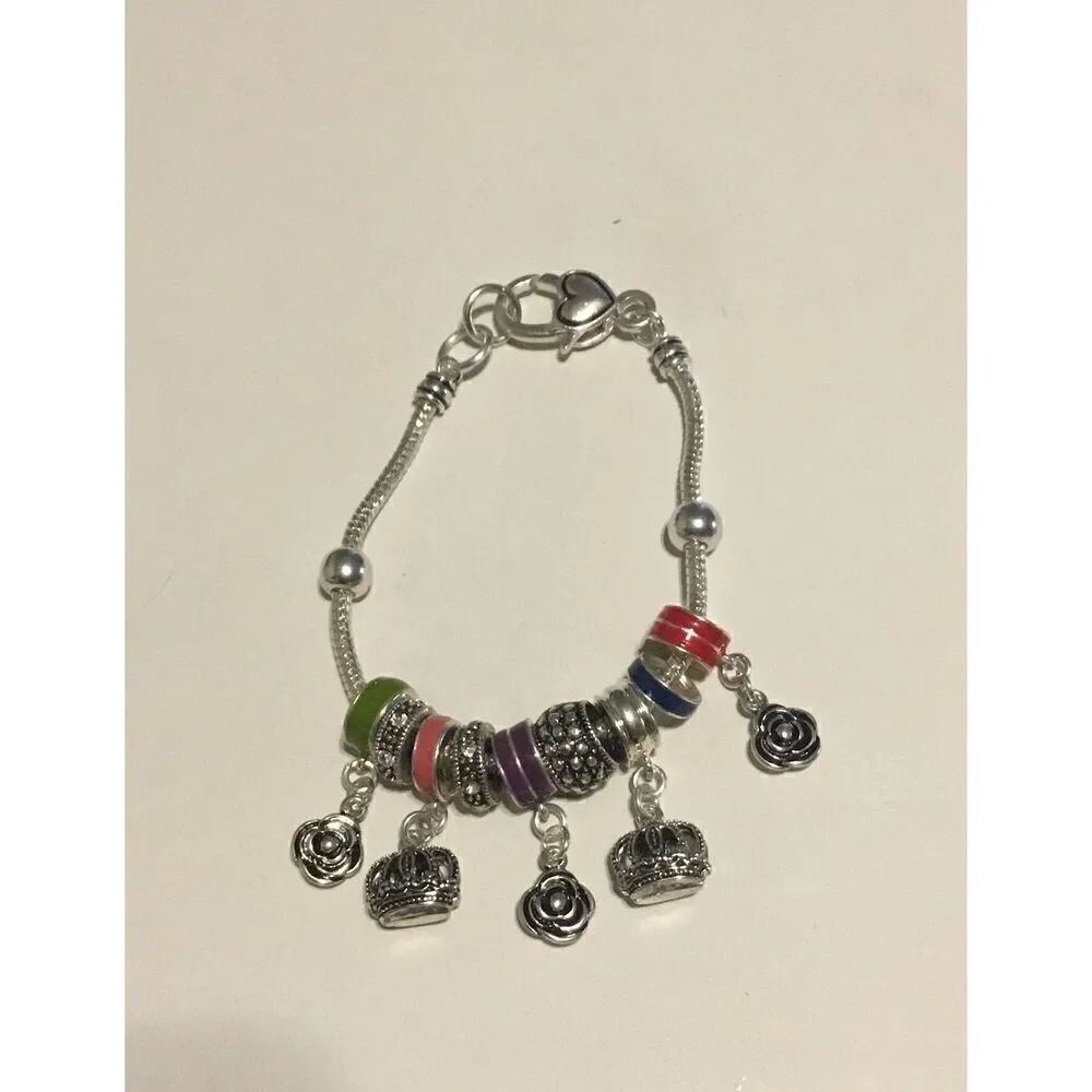 Trendy Silver Rose & Crown Bead Bracelet~kn